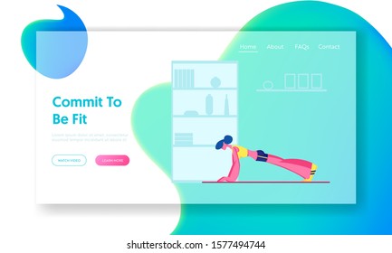Woman Engage Sport Website Landing Page. Girl Doing Fitness, Yoga or Aerobics Exercises at Home, Plank Training for Good Feeling and Healthy Life Web Page Banner. Cartoon Flat Vector Illustration