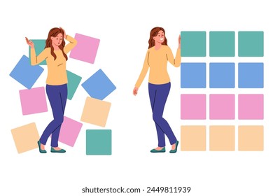 Woman engaged in computer science and business analytics structures chaotically scattered blocks. Concept importance of structuring in analysis and processing of big data or computer science