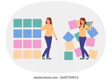 Woman engaged in computer science and business analytics structures chaotically scattered blocks. Concept importance of structuring in analysis and processing of big data or computer science