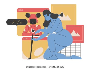 Una mujer participa en un proceso creativo con un asistente de IA. La IA, representada en una pantalla, interactúa con ella mientras trabaja en un proyecto que involucra Imágenes y Elementos de diseño. Ilustración vectorial.