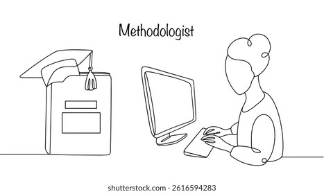 The woman is engaged in the development, implementation and analysis of educational programs, methods and materials aimed at improving the educational process. The methodologist works at the computer.