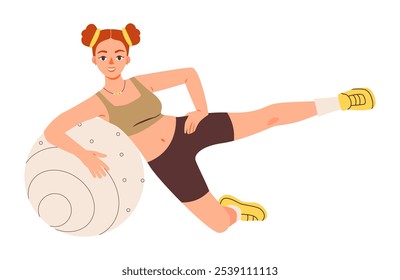 Woman engaged in a diverse workout routine with a fitness ball. Wellness, resilience, and gym. Flat vector illustration.