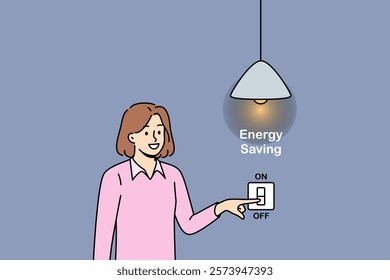 Woman is engaged in energy saving and turns off lights in apartment to minimize damage to nature. Girl activist cares about energy saving and smiles calling for awareness and responsibility for future