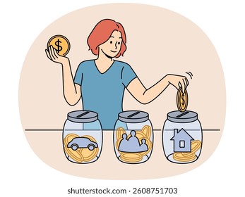 Woman is engaged in financial planning, putting earned money into different glass jars with picture of car and house or family. Girl invests in own future thanks to financial literacy