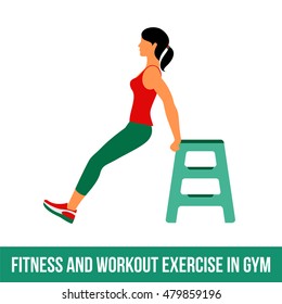 Woman is engaged in fitness, aerobics. Exercise training in the gym. Vector icon set fitness room in a flat style on a white background. People at the gym.