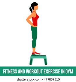 Woman is engaged in fitness, aerobics. Exercise training in the gym. Vector icon set fitness room in a flat style on a white background. People at the gym.