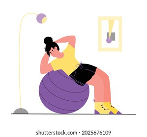 A woman is engaged in fitness at home. Sports concept of a healthy lifestyle. Training in isolation. Vector flat illustration.