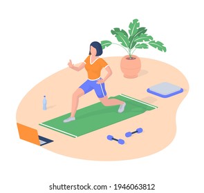 Woman is engaged in fitness isometric vector. Female character on sports mat performs exercises with laptop web video. Active and healthy workout beautiful athletic figure realistic illustration.
