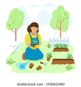 A woman is engaged in gardening, planting flowers in the garden. Vector, isolated.