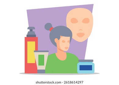 Woman engaged in her beauty routine surrounded by various skincare products, including creams and facial masks, all set against colorful background
