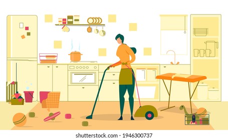 Woman Engaged in Household Chores, Vacuuming Floor Flat Cartoon Vector Illustration. Pan Standing On Oven and Boiling. Kitchen Interior with Equipment. Busy Girl. Doin Cleaning and Washing.