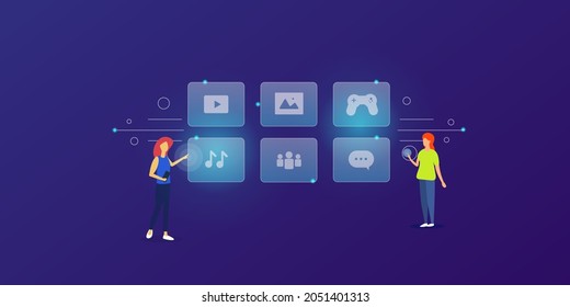 Woman Engaged With Interactive Content, Content Marketing, Content Engagement - Vector Illustration With Icons And Characters