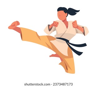 Mujer envuelta en punzonamiento y patadas de karate como ilustración vectorial de artes marciales