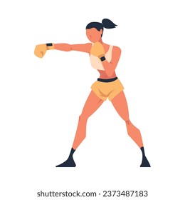 Woman Engaged in Kickboxing Fighting in Gloves as Martial Arts Vector Illustration