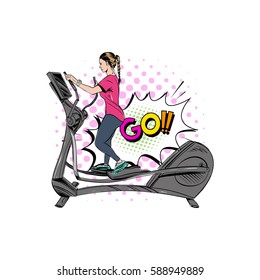 Woman engaged on the different training apparatus in the gym set. Hand drawn vector illustration. 