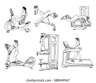 Woman engaged on the different training apparatus in the gym set. Hand drawn vector illustration. 