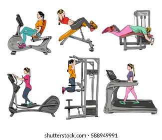 Woman engaged on the different training apparatus in the gym set. Hand drawn vector illustration. 