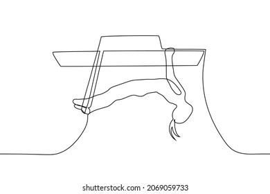 woman is engaged in pilates on simulator in horizontal position. - one line drawing vector. Woman is engaged in fitness at slow pace bending on belts