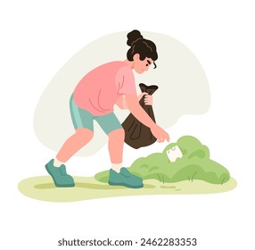 Woman is engaged in plogging. Girl picking up trash outdoors. Vector illustration with flat colors and simple shapes. Environmental cleanup and eco activism concept.