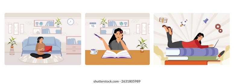 Woman engaged in remote work on her laptop. Young woman sit at desk and drawing or writing in notebook. A young woman is lying on large books while using a laptop.