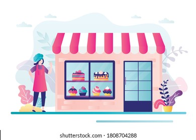 Frauen verkaufen Süßwaren. Fassade des Bäckereigeschäfts. С Kuchen und Cupcakes auf dem Schaufenster. Professioneller Chefkoch. Konzept des Geschäfts, örtliche Geschäfte und Süßigkeiten. Vektorgrafik