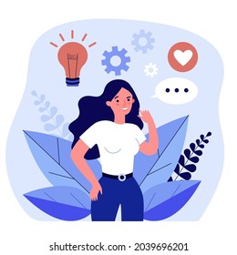 Woman engaged and sharing her creativity and ideas. Flat vector illustration. Girl developing her abilities, communicating with like-minded people. Creativity, ingenuity, communication concept