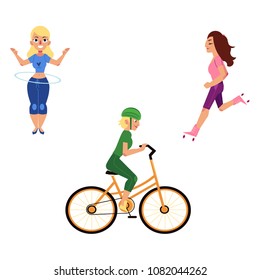 Woman engaged in sports and active rest set isolated on white background - happy smiling young girl twirling hula hoop, riding bike and roller skating, cartoon vector illustration.
