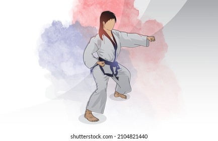 A woman is engaged in taekwondo, strikes with her fist. Abstract gray background, watercolor spots.