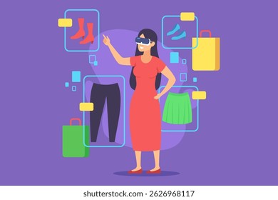 Woman engaged in virtual shopping experience, wearing VR goggles and exploring range of clothing items and accessories in colorful digital space