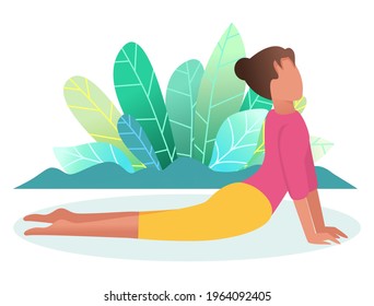 The woman is engaged in yoga. Healthy lifestyle concept. Rest, treatment, prevention. All-season training at home and outdoors. Cartoon lifestyle. Vector.