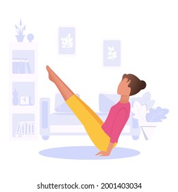 The woman is engaged in yoga. Healthy lifestyle prevention concept. Rest, treatment, quarantine. All-season indoor training. Cartoon lifestyle. Vector.