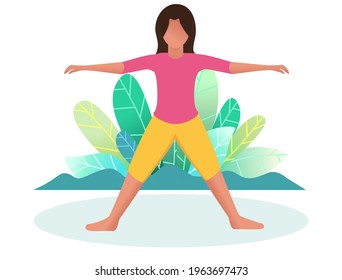 A woman is engaged in yoga in nature. Healthy lifestyle concept. Flat. Cartoon style. Vector.