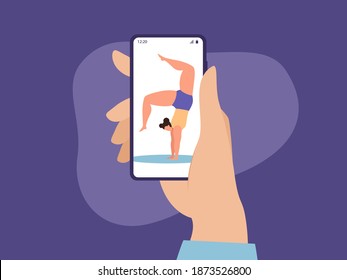 A woman is engaged in yoga on a mobile phone screen, online video call. Online lesson with an instructor. Vector illustration.