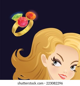 Woman and engagement ring. Vector. Eps 10.