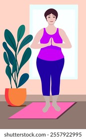 A woman engages in physical activity. A woman does a breathing exercise, deep exhalation and inhalation. Breathing exercise. Healthy yoga and relaxation. Middle-aged people engage in physical activity