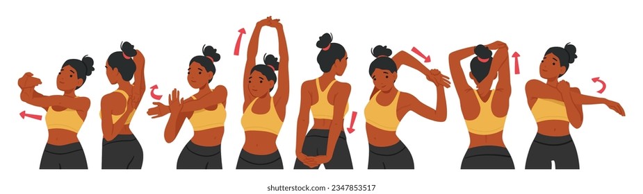 Woman Engages In Shoulder And Hand Exercises, Performing Stretches, Lifts, And Rotations To Strengthen And Improve Flexibility In These Areas For Overall Upper Body Health. Cartoon Vector Illustration