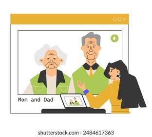 A woman engages in a video call with her elderly parents, connecting with them through a laptop screen. The parents appear on the monitor with the text "Mom and Dad". Family online connection. Vector.