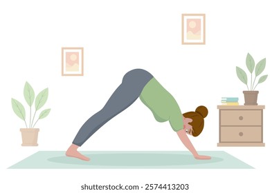 woman engaging in yoga exercises, focusing on meditation and stretching on mat. Illustrated in yoga studio or home environment, this trendy flat vector design for wellness, fitness, and relaxation