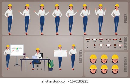 Woman Engineer or Architect worker character Set. Collection of character body Poses, facial gestures, Engineer 
activities and Lip syncs poses. Ready-to-use and animate, character set. Vector.