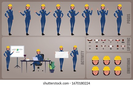 Woman Engineer or Architect worker character Set. Collection of character body Poses, facial gestures, Engineer 
activities and Lip syncs poses. Ready-to-use and animate, character set. Vector.