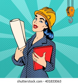 Woman Engineer in Helmet with Documents. Female Architect. Pop Art Banner. Vector Illustration