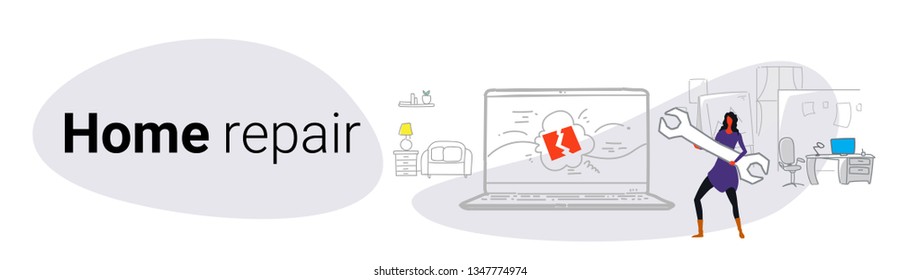 woman engineer holding wrench girl standing near laptop screen home repair service concept modern apartment interior female character full length sketch doodle horizontal banner