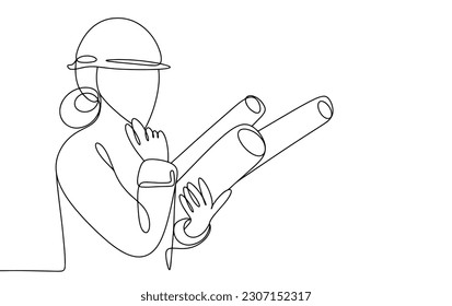 Woman engineer holds blueprints in her hand. A woman in a protective construction helmet. International Women in Engineering Day. One line drawing for different uses. Vector illustration.