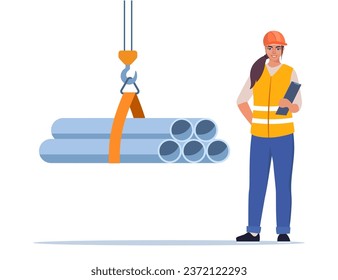 Woman engineer or manager looking for process of metal pipes transportation and loading. Construction worker wearing protective helmet and clothes. Vector illustration