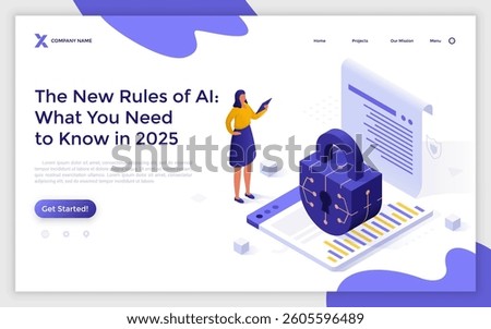 Woman engineer near e papers with digital padlock on white background. New rules of AI 2025 landing page isometric template. Cybersecurity improvement creative 3d vector illustration for web page