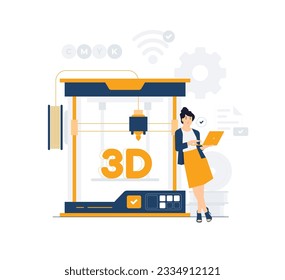 Woman engineer prints on 3d printer. 3D Printing technology, Prototyping Industry, Professional equipment for advertising agency. Designer develops models on computer concept illustration