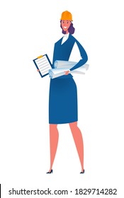 La ingeniera mujer está de pie y sonriendo. Ilustración vectorial de una chica con un casco amarillo con una tableta y rollos de papel.