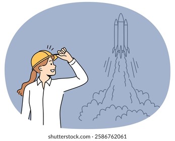 Woman engineer stands near taking off space rocket and watches successful takeoff of shuttle. Girl rejoices at launch of new spacecraft or rocket for research mission with astronauts landing on moon