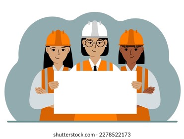 Woman engineer team and construction team holding a blank sheet of paper. Concept of builder, engineer, planner or designer. Vector flat illustration.