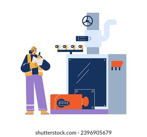 Ingeniería y equipo técnico femenino, ilustración vectorial aislada en fondo blanco. Trabajadora con casco y uniforme, profesional. Dibujo al estilo de las caricaturas planas de colores. Concepto de diseño